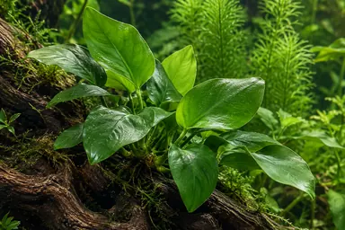 Grünes Zwergspeerblatt auf einer Wurzel im Aquarium