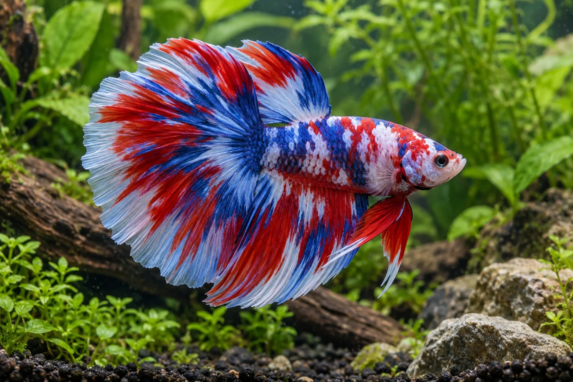 Longtail-Marmor-Kampffisch im Farbmix, Männchen, Betta splendens