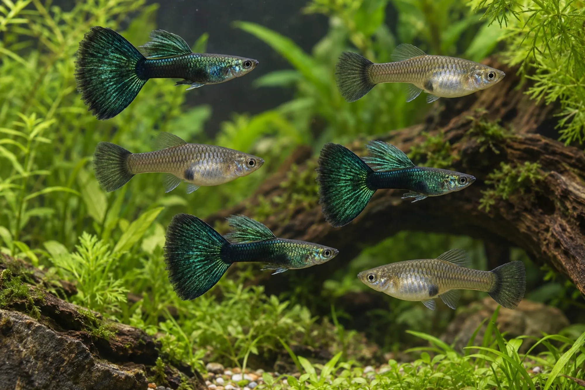 Guppy „Moskau Grün“, Set 5 Männchen + 5 Weibchen, Poecilia reticulata