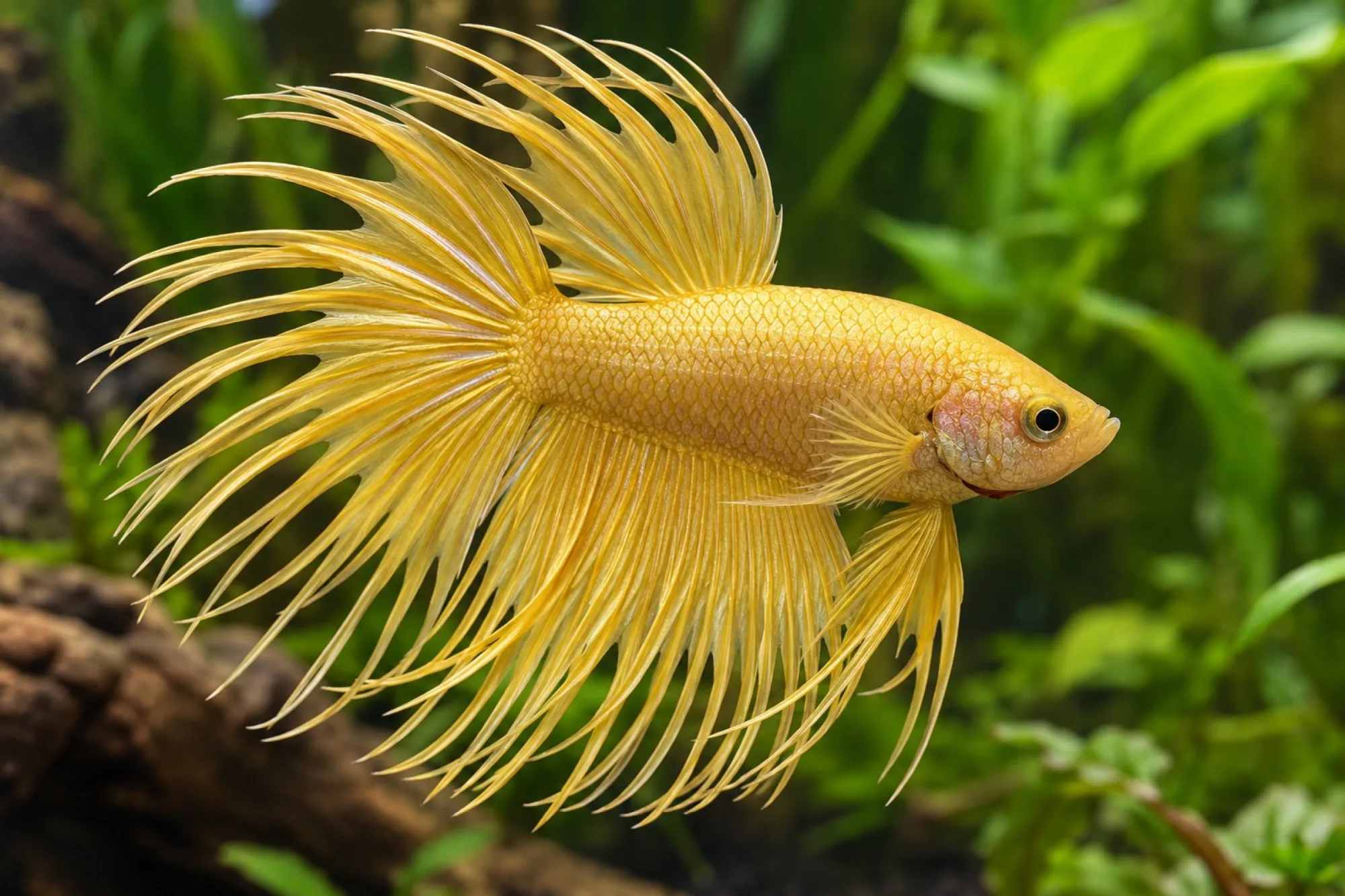 Goldener Crowntail-Kampffisch, Männchen, Betta splendens