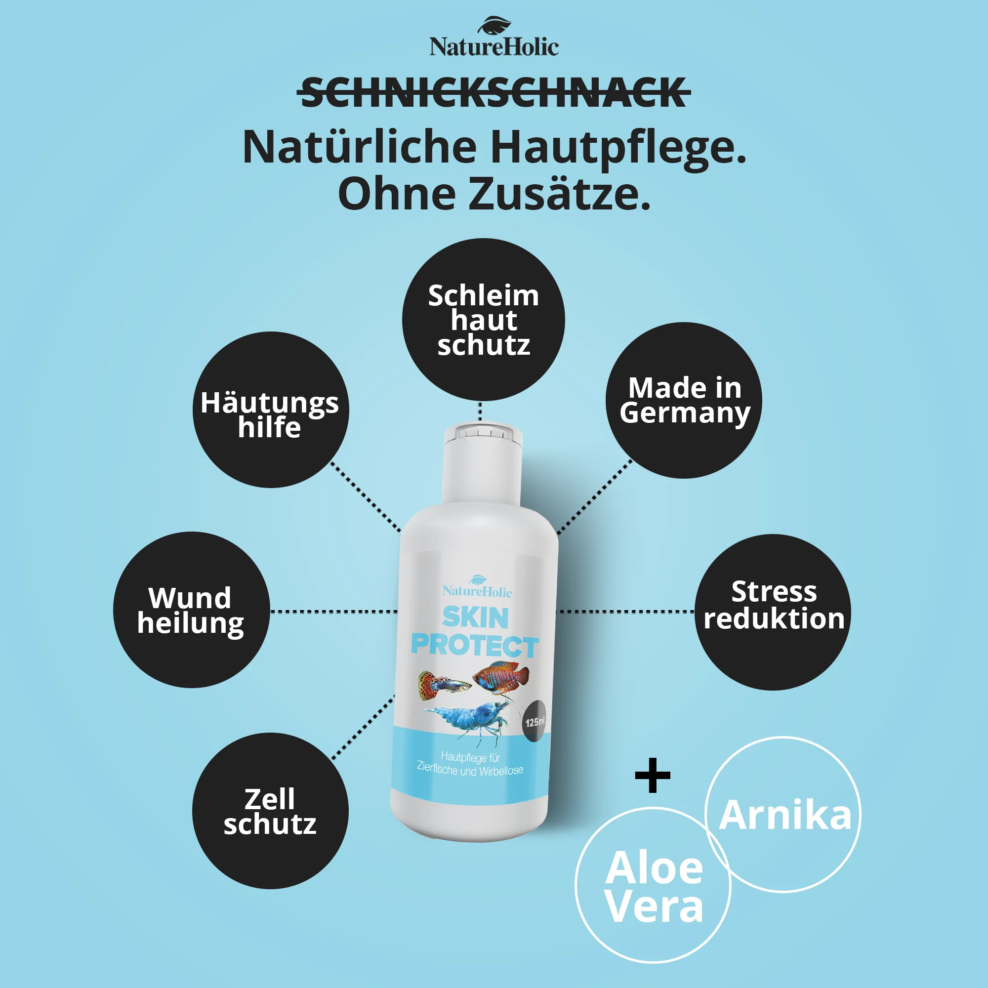 Skin Protect Flasche vor blauem Hintergrund, Pflege-Icons