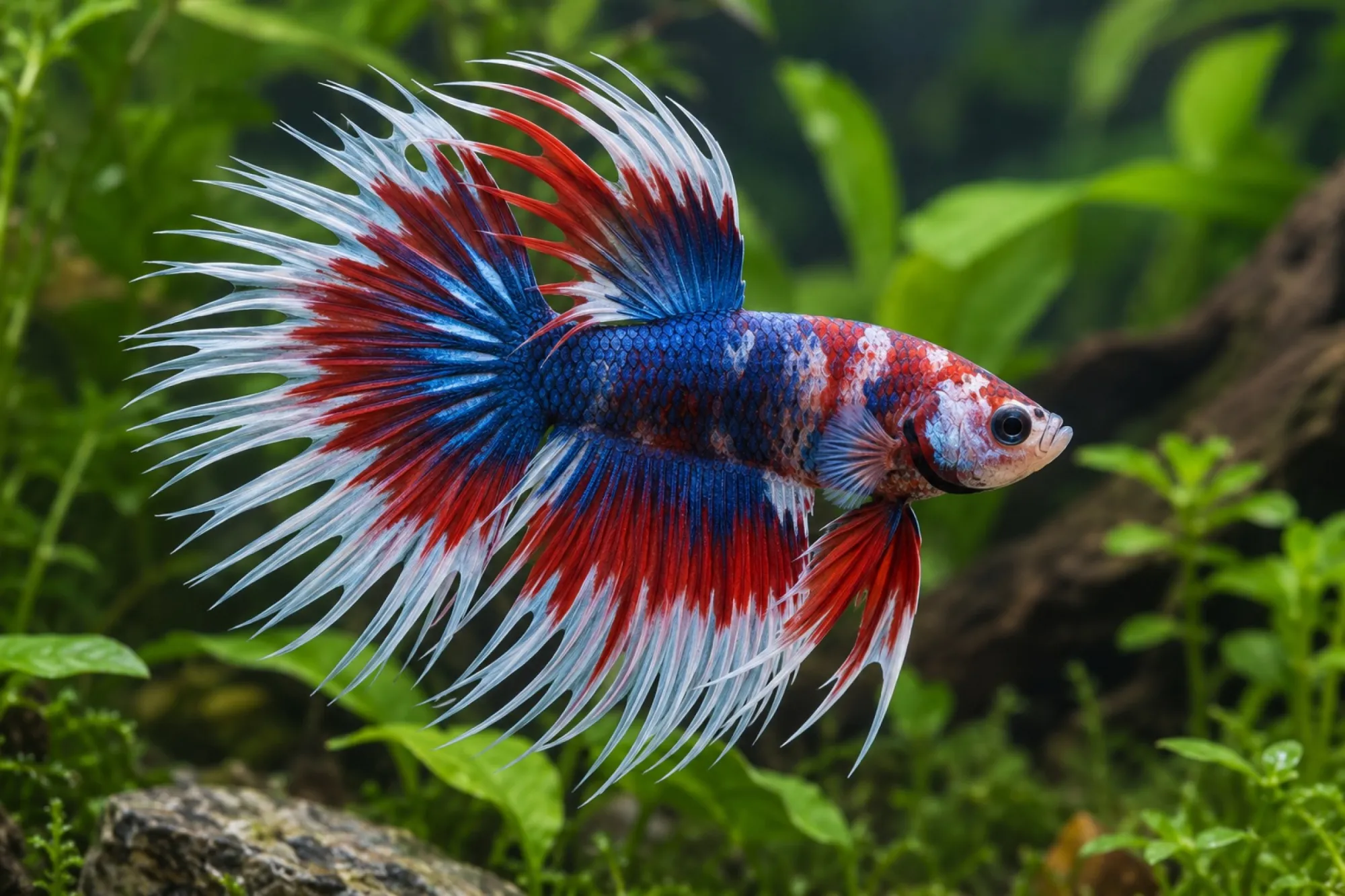 Crowntail-Butterfly-Kampffisch im Farbmix, Männchen, Betta splendens