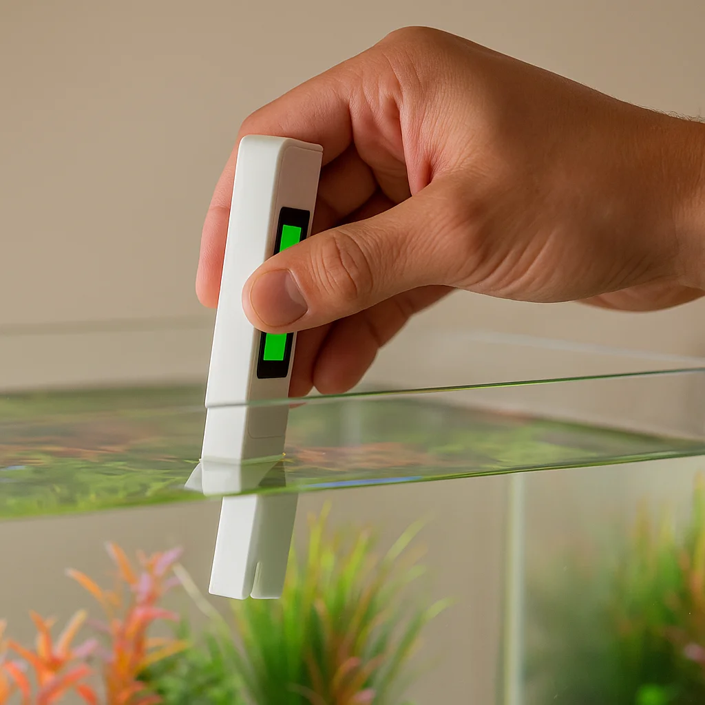 Hand mit digitalem Wassertestgerät am Aquarium