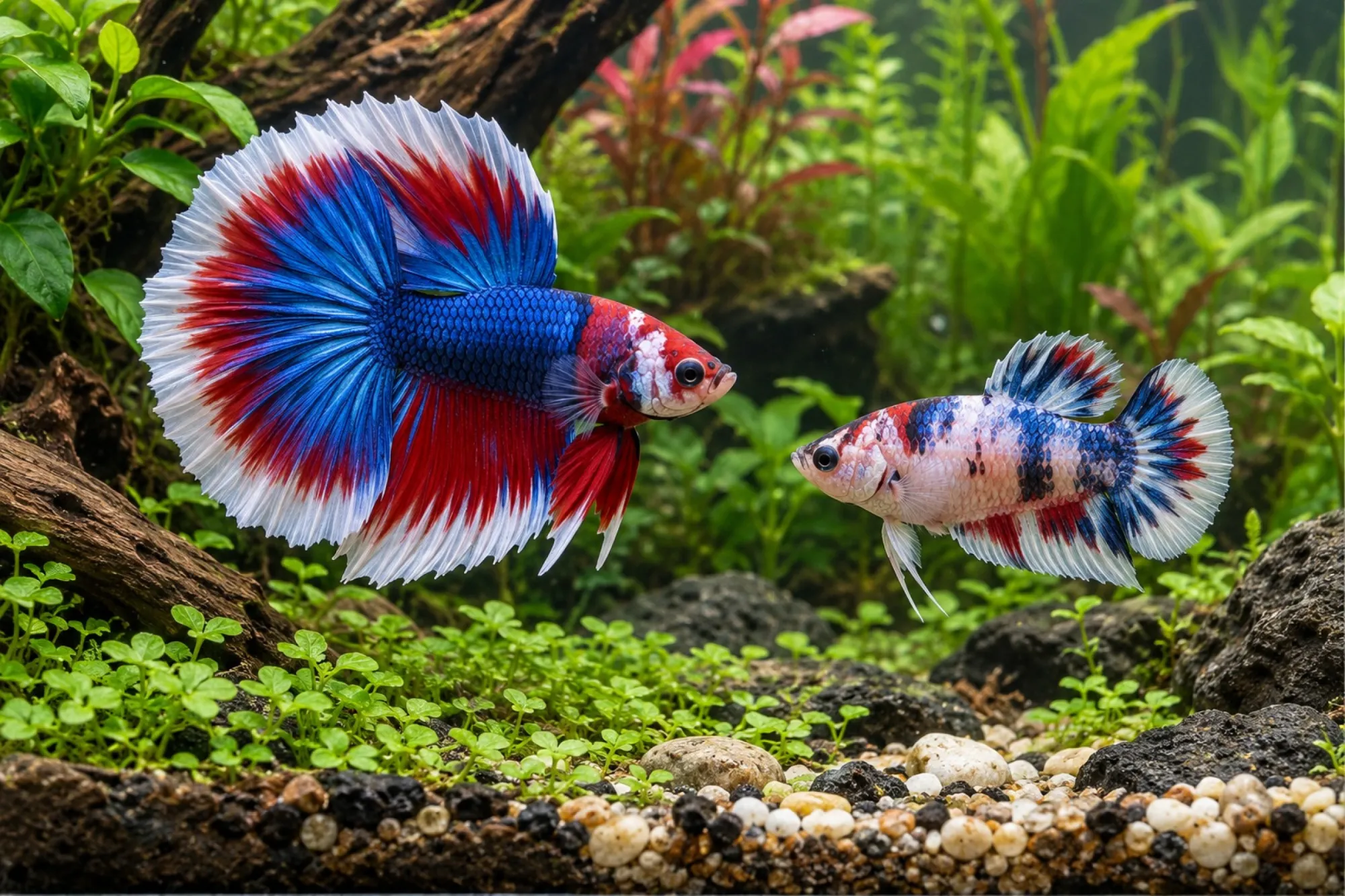 Halfmoon-Butterfly-Kampffisch im Farbmix, Paar, Betta splendens