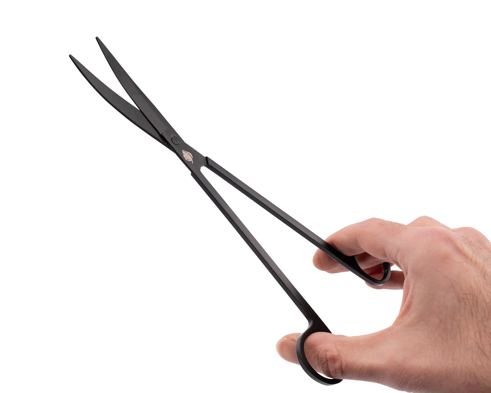 Hand hält mattschwarze Schere vor weißem Hintergrund