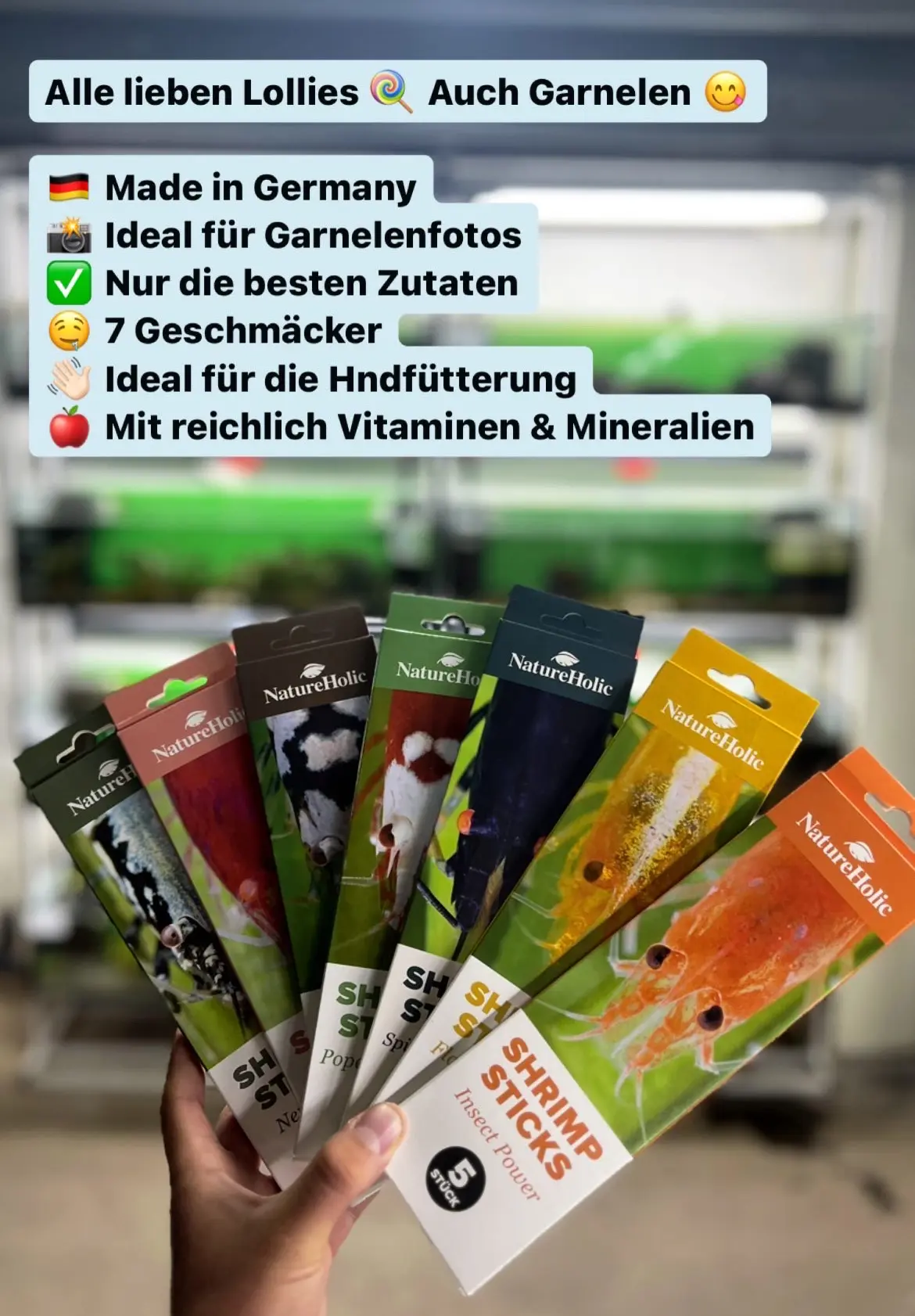 Hand hält verschiedene NatureHolic Shrimp Sticks Packungen