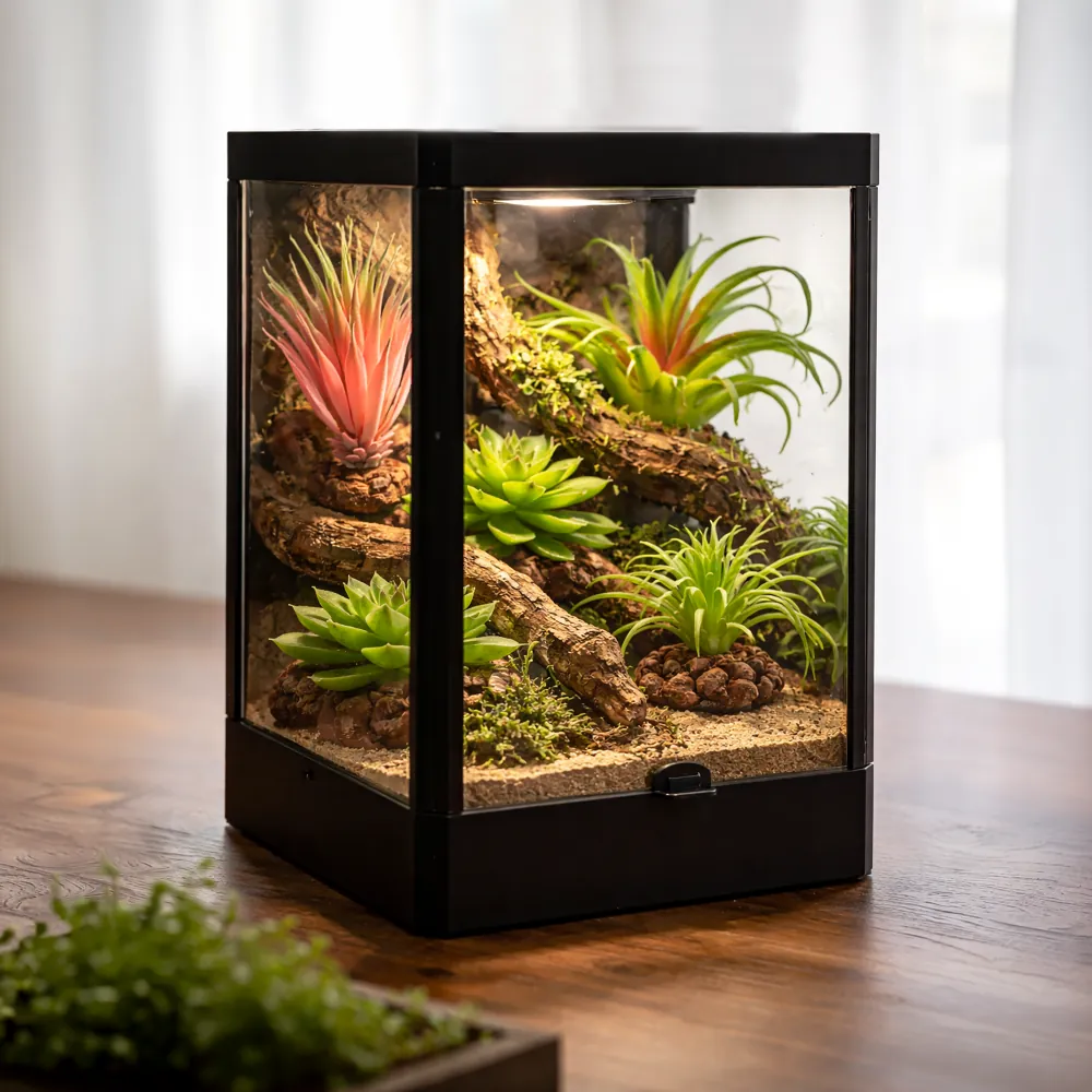 Quadratisches schwarzes Glas-Terrarium auf Holztisch mit Sandboden, Rindenstücken, grünen Sukkulenten und rosa Tillandsien als stilvolle Zimmerpflanzen-Dekoration