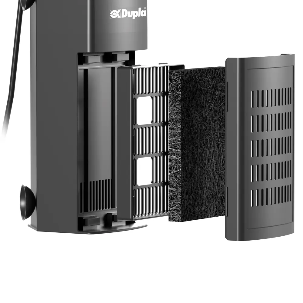 Dupla Clean Flow Filter 80 Innenfilter geöffnet mit Abdeckung, Gittereinsatz und garnelensicherer Kokosmatte; dreieckige Eckform zum Platzsparen im Aquarium, 310 l/h, energiesparend für 50–80 l Becken