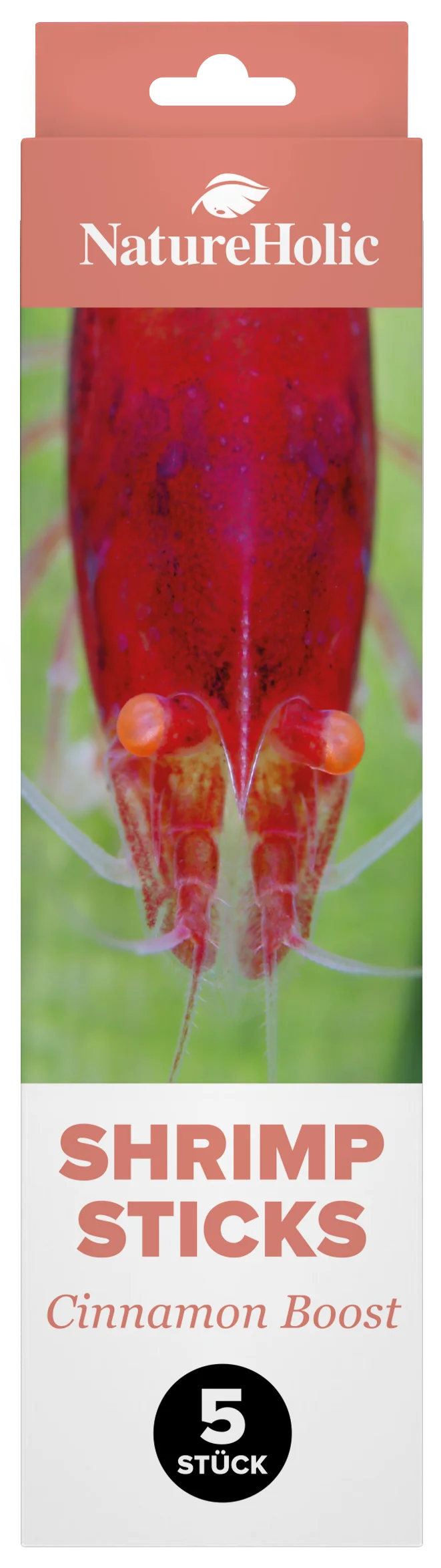 Rote Garnele auf NatureHolic Shrimp Sticks Verpackung