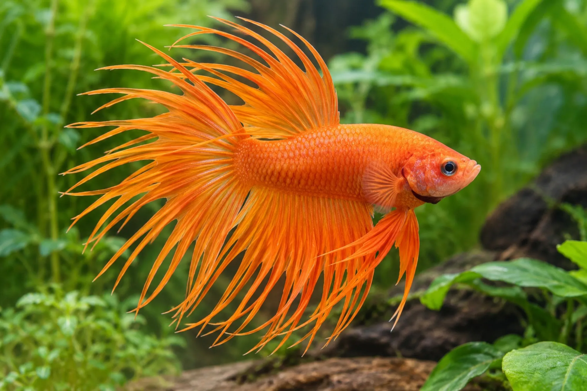 Oranger Crowntail-Kampffisch, Männchen, Betta splendens