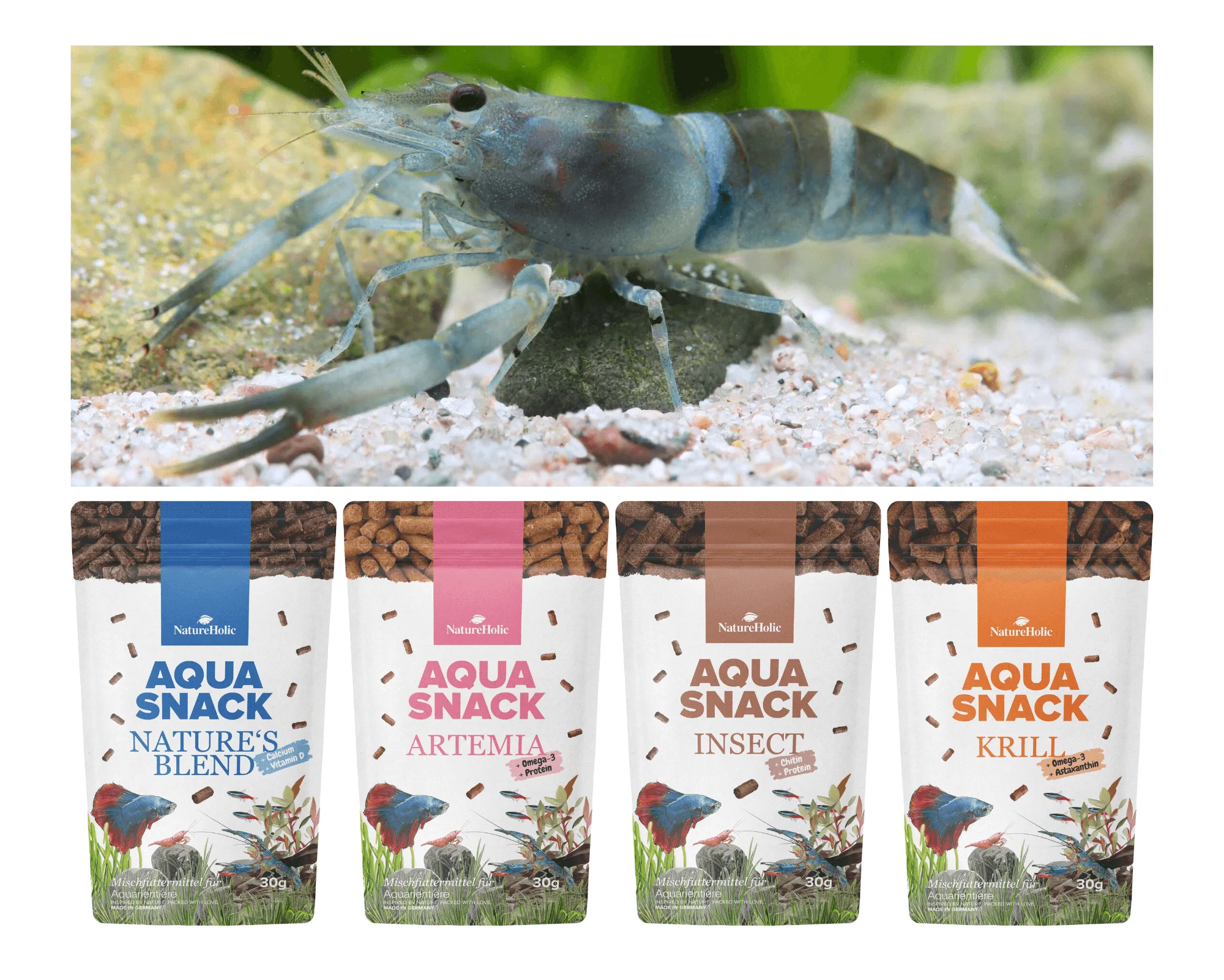 Blaue Garnele über Kies, vier Aqua Snack Futterbeutel