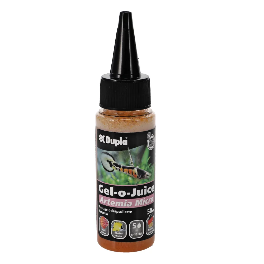 Dupla Gel-o-Juice Artemia Micro Fischfutter 50 ml, braune Gelpaste in Kunststoff-Dosierflasche mit spitzem Ausguss und Etikett mit Garnelenmotiv, für Süß- und Meerwasserfische