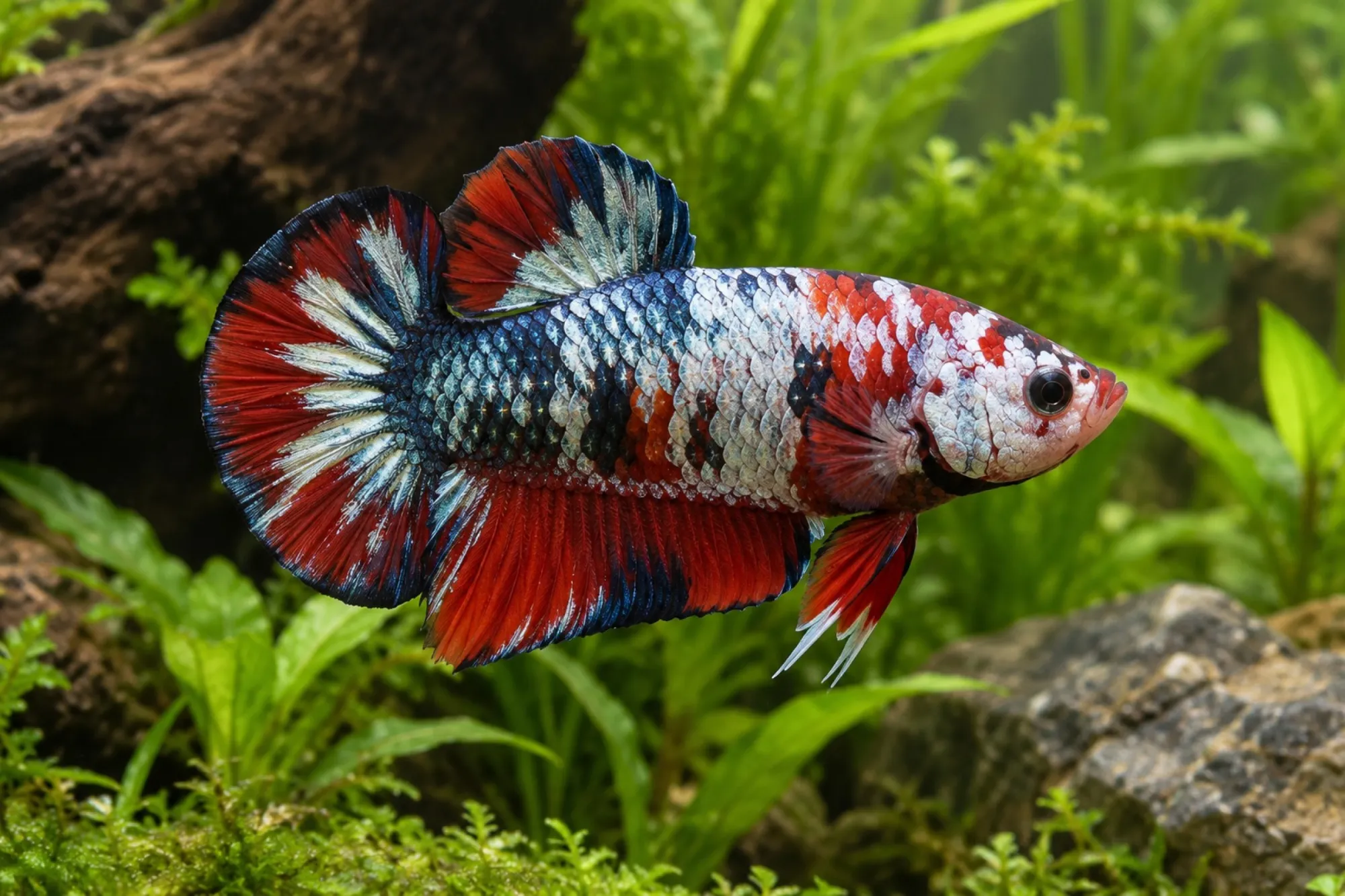 Plakat-Dragon-Kampffisch Farbmix, Männchen, Betta splendens