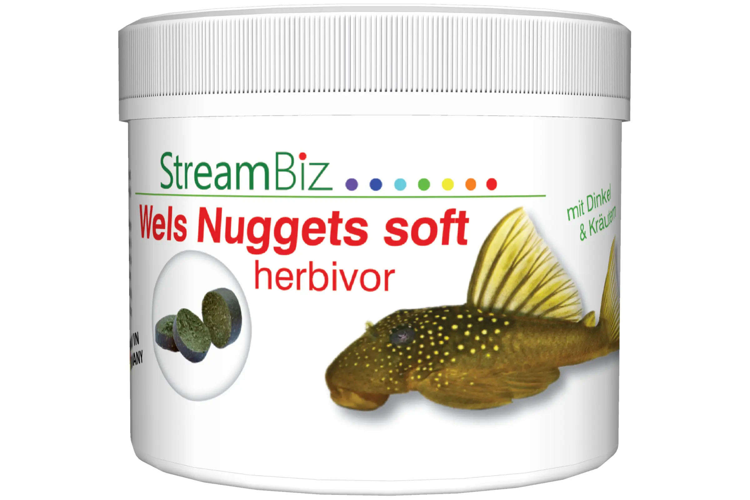 StreamBiz Wels Nuggets soft Herbivor, weiße Dose mit Label, Bild eines Welses und grünen Futtertabletten; weiches, sinkendes Futter für pflanzenfressende Welse, mit Dinkel & Kräutern, erhältlich in 2 Größen