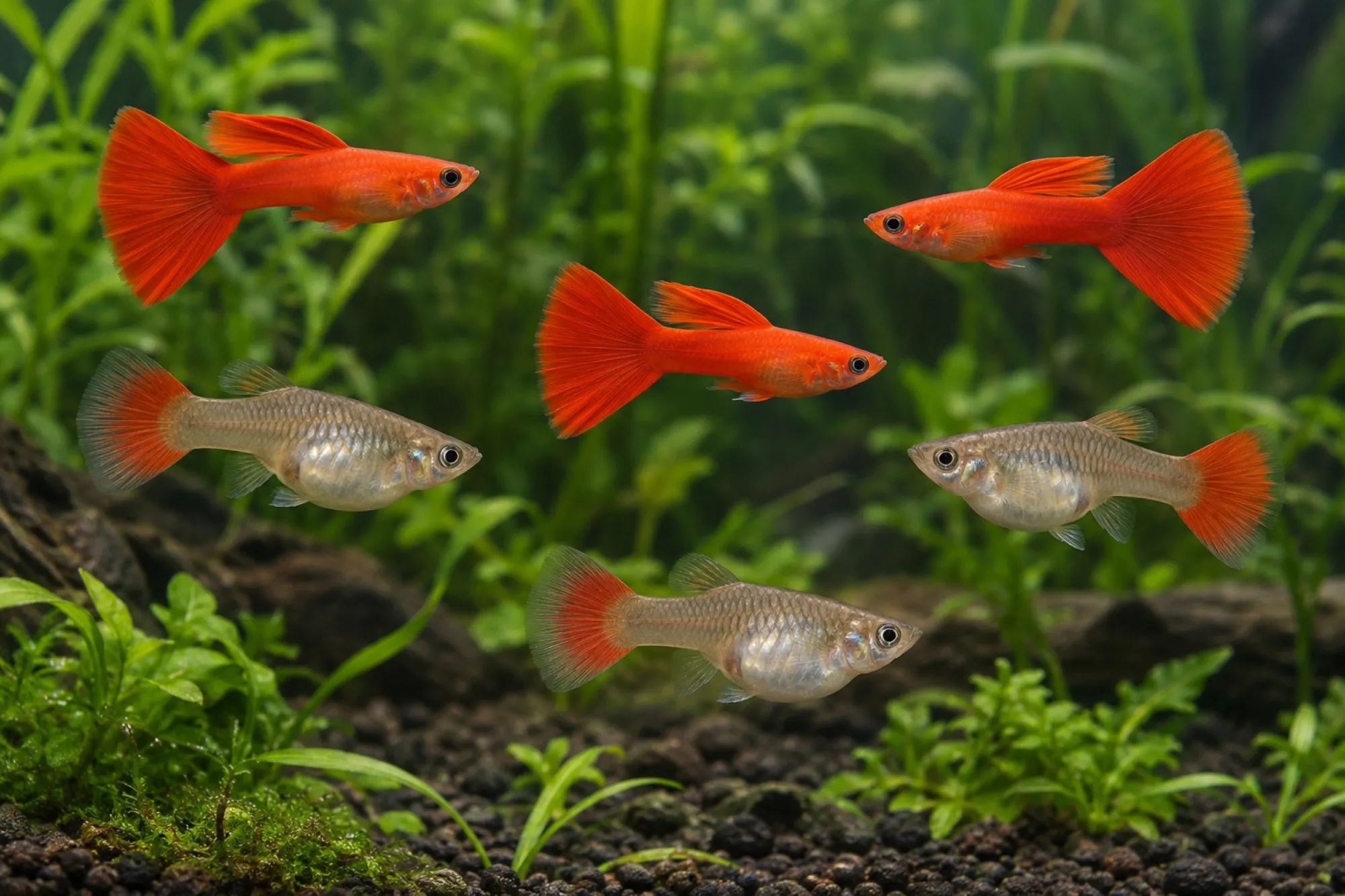 Guppy „Full Red“, Set 5 Männchen + 5 Weibchen, Poecilia reticulata